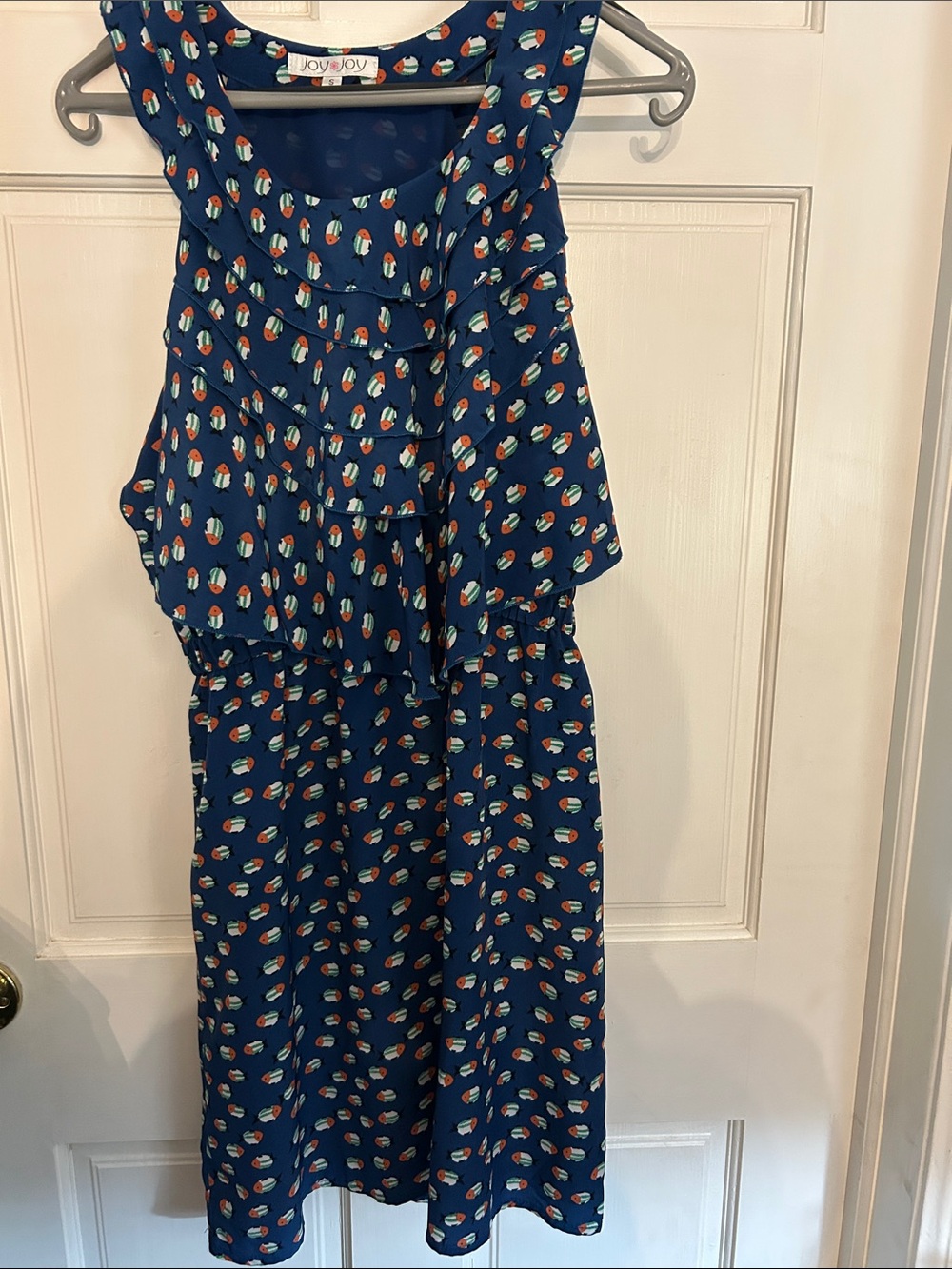 Joy Joy Navy Blue Ruffle Tiered Dress with Multicolor Dot Print Size Small EUC